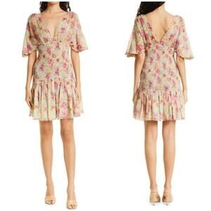 ByTiMo NWT T Floral Print Smocked Chiffon Dress Cream Pink Size M